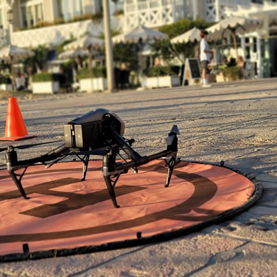 Drone landing pad and pre-flight setup at Huntington Beach