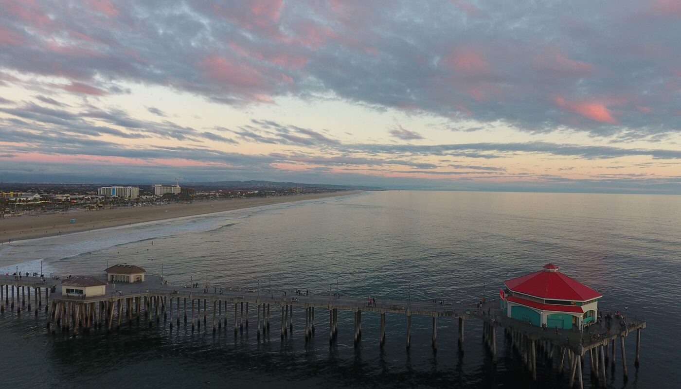 Huntington Beach pier at dusk aerial photography